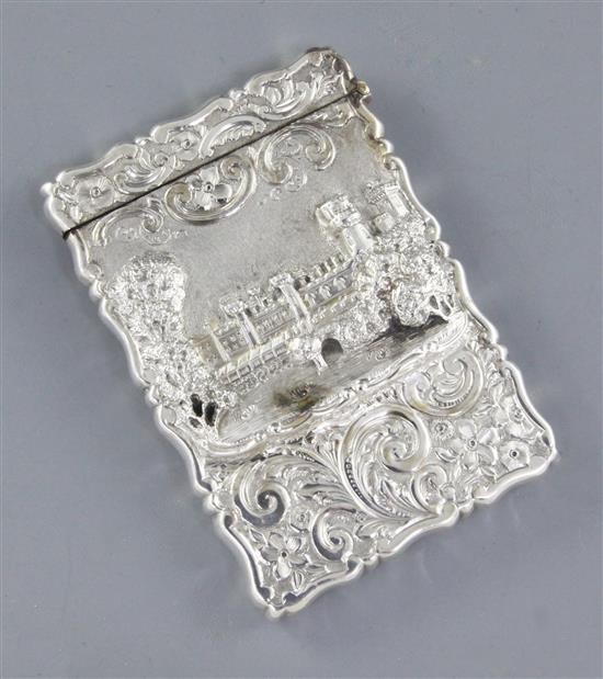 An early Victorian silver Castle top card case of Warwick castle in high relief, by George Unite, height 97mm, width 68mm, weight 65